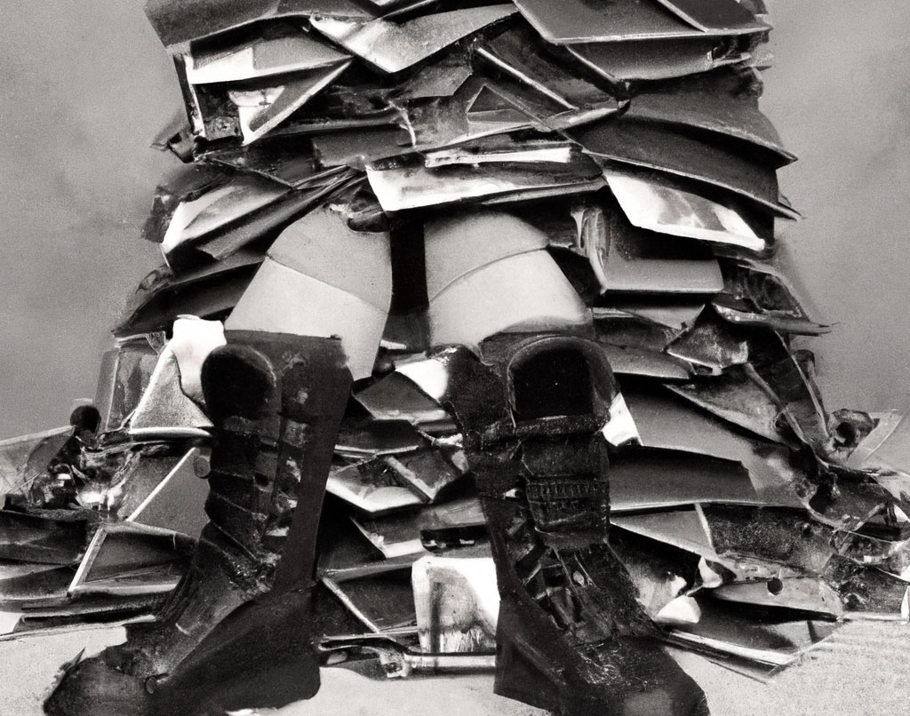 a person buried under a big pile of photographs with only his legs sticking out wearing army boots. in the style of a black and white photograph