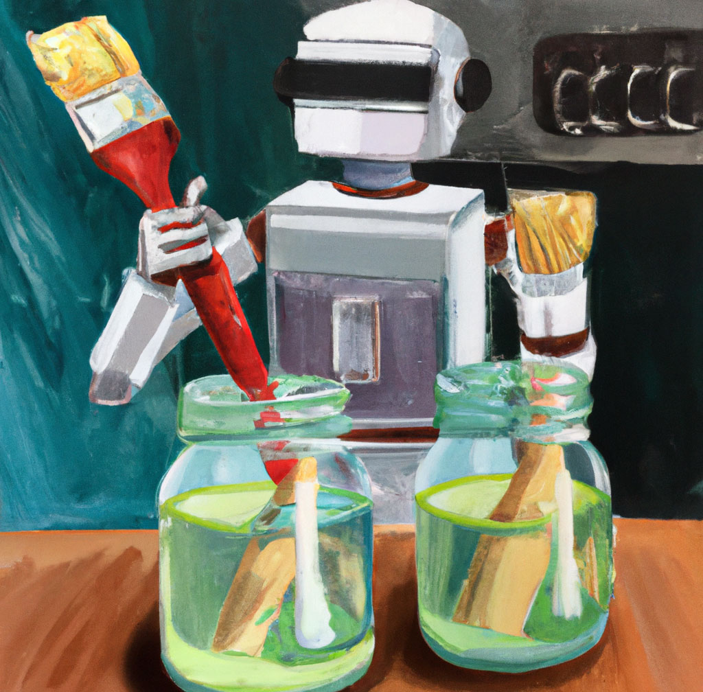 a robot washing some paintbrushes and putting them in jam jars. in the style of cezanne